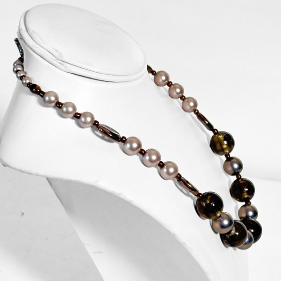 Artisan Beaded Necklace Lampwork Glass Faux Pearl Mauve Bronze Olive 19 Inch - Picture 4 of 7